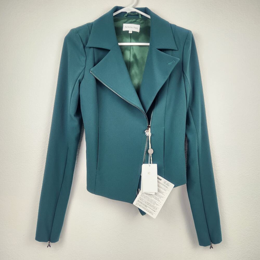 Patrizia Pepe Teal Green Asymmetric Zip Blazer